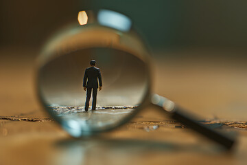 a small man in suits walking through a magnifying gla - obrazy, fototapety, plakaty