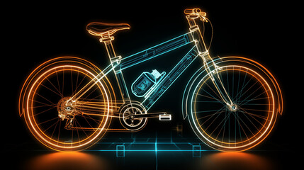 bicycle on a black background with yellow neon hologram style
