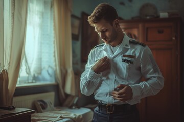 Man in Navy Uniform Adjusting His Tie