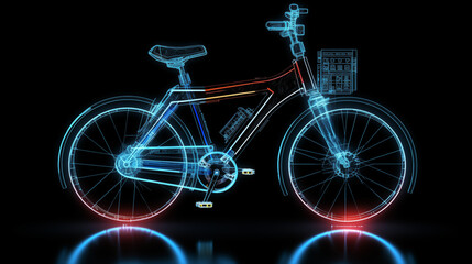 bicycle on a black background with white neon hologram style