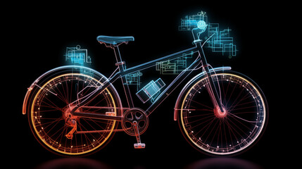bicycle on a black background with green neon hologram style