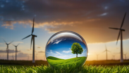 water glass globe with landscape with green energy background  include copy space