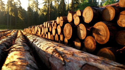 Log trunks pile, Wooden trunks pine, wood industry.