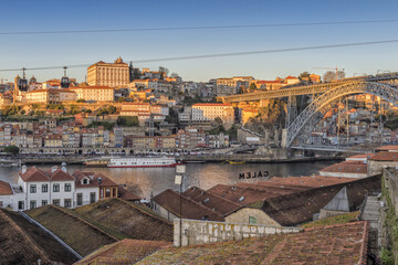 Sunset over Ribeira district and former Episcopal Palace, Unesco World Heritage Site, OPorto, Portugal