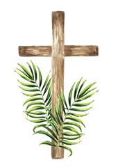 Wooden catholic cross with palm leaf,  Palm Sunday Concept. Hand drawn watercolor illustration...