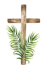 Fotobehang Wooden catholic cross with palm leaf,  Palm Sunday Concept. Hand drawn watercolor illustration isolated on white background © dariaustiugova