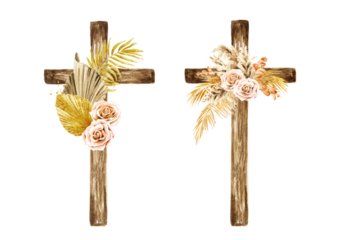 Wooden catholic cross decorated Boho flowers set,  Hand drawn watercolor illustration isolated on white background