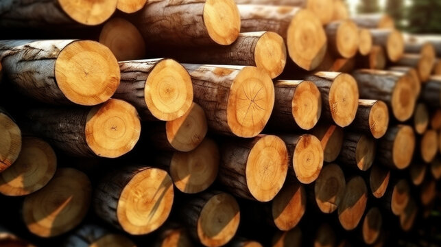 Log trunks pile, Wooden trunks pine, wood industry.