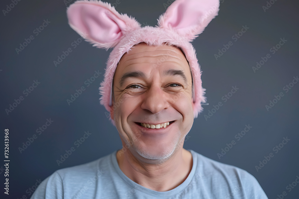 Sticker Happy senior man wearing easter rabbit headband with ears on background.