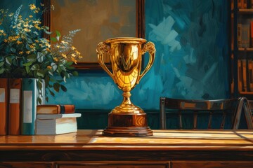 A Painting of a Golden Trophy on a Table
