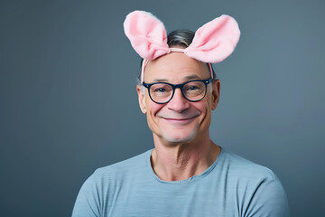 Happy senior man wearing easter rabbit headband with ears on background.