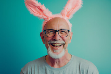 Happy senior man wearing easter rabbit headband with ears on background. - obrazy, fototapety, plakaty