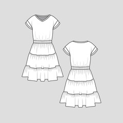 Tiered Ruffles Dress V Neck Roll up Sleeve Drop Shoulder Waist Gathering Fashion Dresses clothing flat sketch drawing template