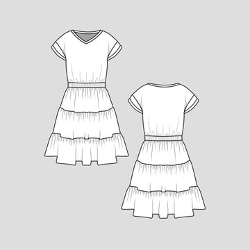 Tiered Ruffles Dress V Neck Roll Up Sleeve Drop Shoulder Waist Gathering Fashion Dresses Clothing Flat Sketch Drawing Template