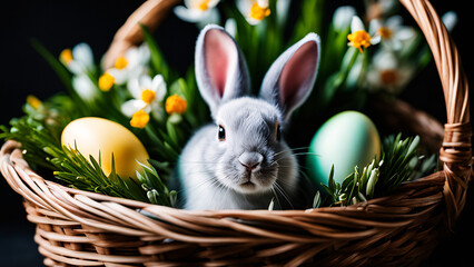 close up of a cute gray Easter bunny sitting in a wicker basket with festive Easter eggs, decorated with spring flowers, spectacular light, scene on black background