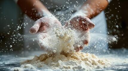 Person Sprinkling Flour on Top of a Table