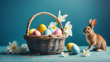 Foto op Aluminium cute brown easter bunny sits near a wicker basket with festive easter eggs, decorated with spring flowers, beautiful spring light, scene on a light blue background © Alena