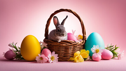 Brown Easter bunny sits in a wicker basket with festive Easter eggs, decorated with spring flowers, scene on pink background