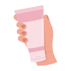 Illustration of a hand holding a tube of cream. Flat vector illustration in cartoon style. Beauty and fashion, personal care, beauty salons, online stores.