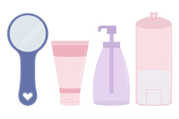 Set of illustrations of items for the bathroom. Items for beauty procedures. Flat vector illustration in cartoon style. Beauty and fashion, personal care, beauty salons, online stores.
