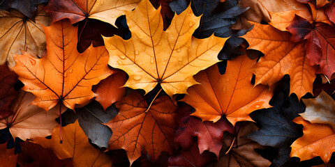 Naklejka na ściany i meble A lot of colorful leaves in the naturalistic tones Autumn Leaves. Wallpaper with orange and golden colors.