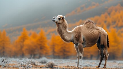 A camel set against the fading beauty of autumnal hills reflects the enduring journey through the cycle of seasons