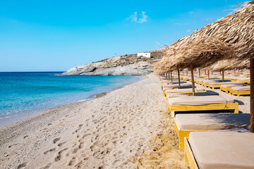 Lia Beach, wild and free beach in the south of Mykonos, Greece. Pristine bay with blue sea and...