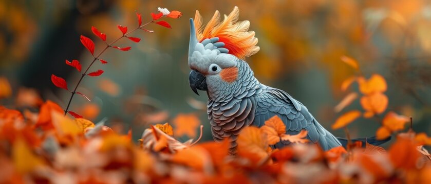 Cockatoo with a backdrop of autumn leaves, its crest mimicking the vibrant fall colors, illustrating adaptation and beauty in nature