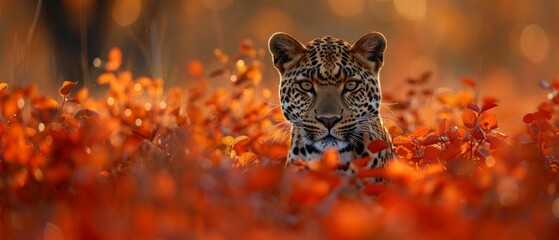 In the dance of autumn colors, a leopard's camouflage highlights the harmony between nature's artistry and the instinct for survival - obrazy, fototapety, plakaty