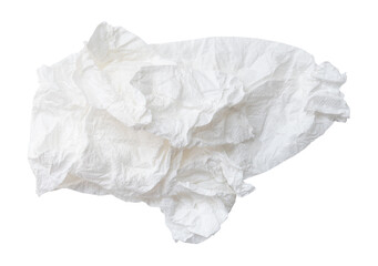 Fototapeta premium Top view of screwed or crumpled tissue paper or napkin in strange shape after use in toilet or restroom isolated on white background with clipping path