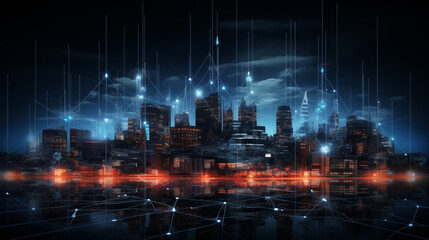 city skyline landscape background with smartcity network hologram white and red neon