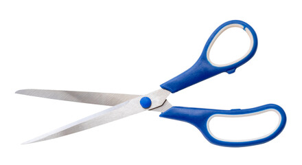 Top view of multipurpose scissors with blue handle isolated on white background with clipping path