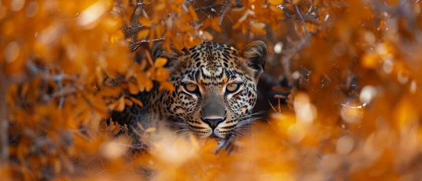 Within the autumn woods, a leopard's coat melds with the foliage, a testament to nature's camouflage and the elegance of adaptation