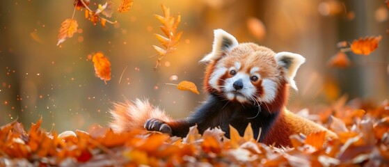 In the embrace of autumn's colors, a red panda at play epitomizes the season's vibrance and the happiness found in these moments