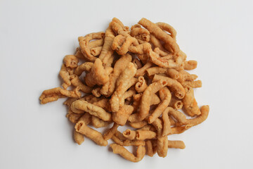 Crispy fried chicken intestines, isolated on white background