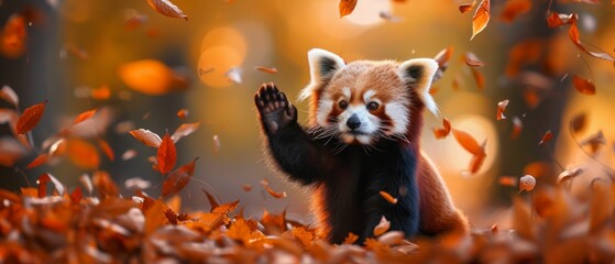 Red panda in a playful pose among autumn leaves, highlighting the joy and vibrancy of the season