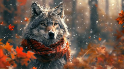 Adorned with a scarf, a wolf pup in a snow-kissed forest marries the essence of autumn with the whisper of winter's arrival - obrazy, fototapety, plakaty