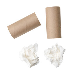 Top view set of screwed or crumpled tissue paper or napkin  with cores in strange shape after use in toilet or restroom isolated with clipping path in png file format.