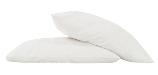 White pillows in stack after guest's use in hotel or resort room isolated on white background with clipping path. Concept of confortable and happy sleep in daily life