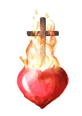 Sacred Heart of Jesus with catholic cross. Hand drawn watercolor illustration isolated on white...