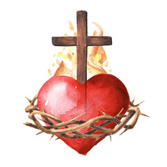 Sacred Heart of Jesus, Hand drawn watercolor illustration isolated on white background 
