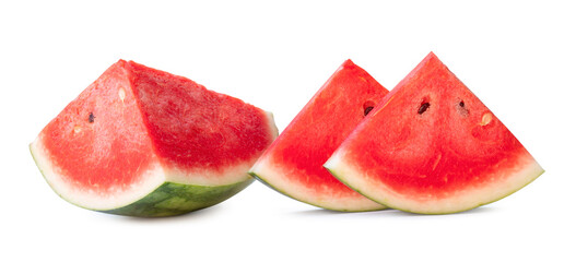 Front view of ripe red watermelon quarter and slices isolated on white background with clipping path