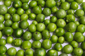 Fruit of Solanum nigrum, the European black nightshade or leunca, flat lay or top view