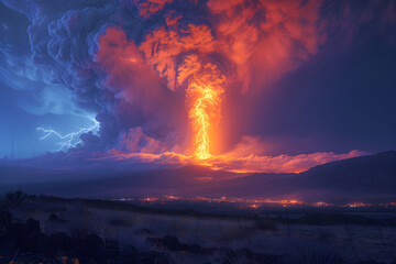 A landscape of lightening eructing  Mauna Loa Volcano in Hawaii with smoke and a hazy sky