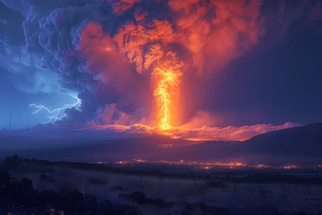 Fotobehang A landscape of lightening eructing  Mauna Loa Volcano in Hawaii with smoke and a hazy sky © Jawad