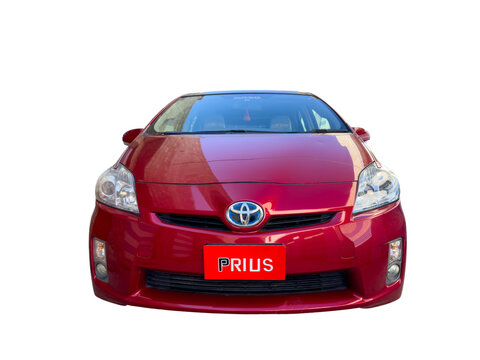 Red Toyota Prius car closeup view. Fuel-Efficient transportation concept: Swat, Pakistan - 08 Feb 2024.