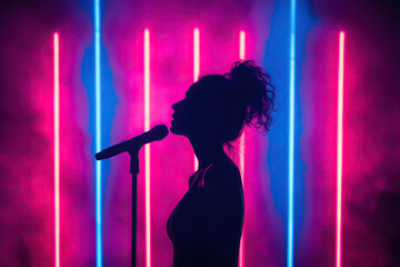 Silhouette shadow of female singer performing on concert stage, retro pink and blue neon light tubes in background with copy space