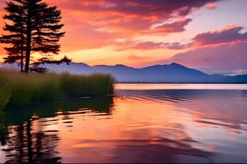 Obraz premium An Idyllic Sunset Over a Calm Lake