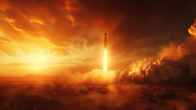 A space rocket landing on Mars at sunset.