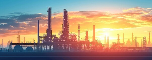 Naklejka premium Oil Refinery With Sun Setting in the Background